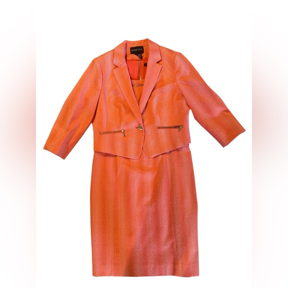 Etcetera Dress Jacket Suit Set Orange Tangerine Zipper Accent Cotton Blend 12